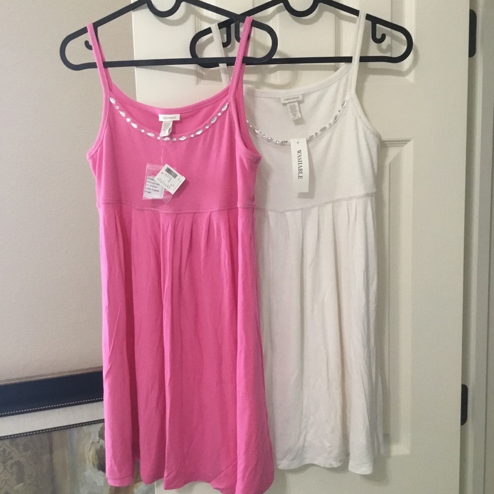 NEW Y2K Pink White Spaghetti strap baby doll Dresses , Embellished ,Tweens 20